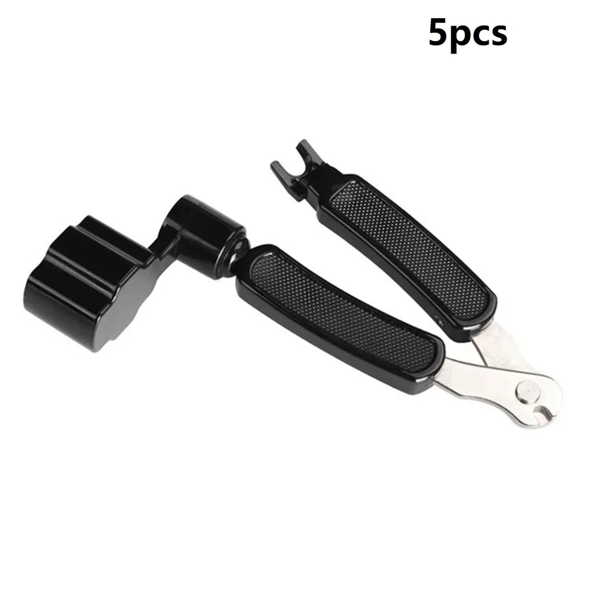 A set of 5 black tools for guitar string winding, cutting, and pin pulling.