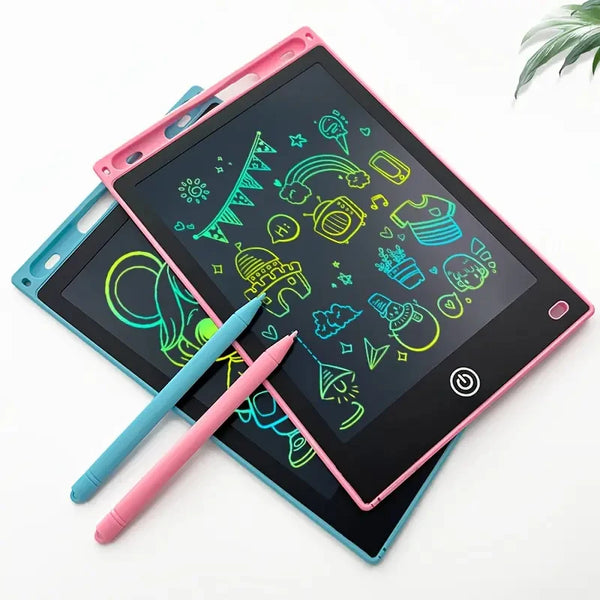 A pink and teal drawing tablet is shown with a bright green light display, surrounded by colored pencils.