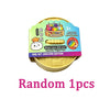 A yellow container of squishy fidget toys featuring a unicorn bun design and rainbow colors.