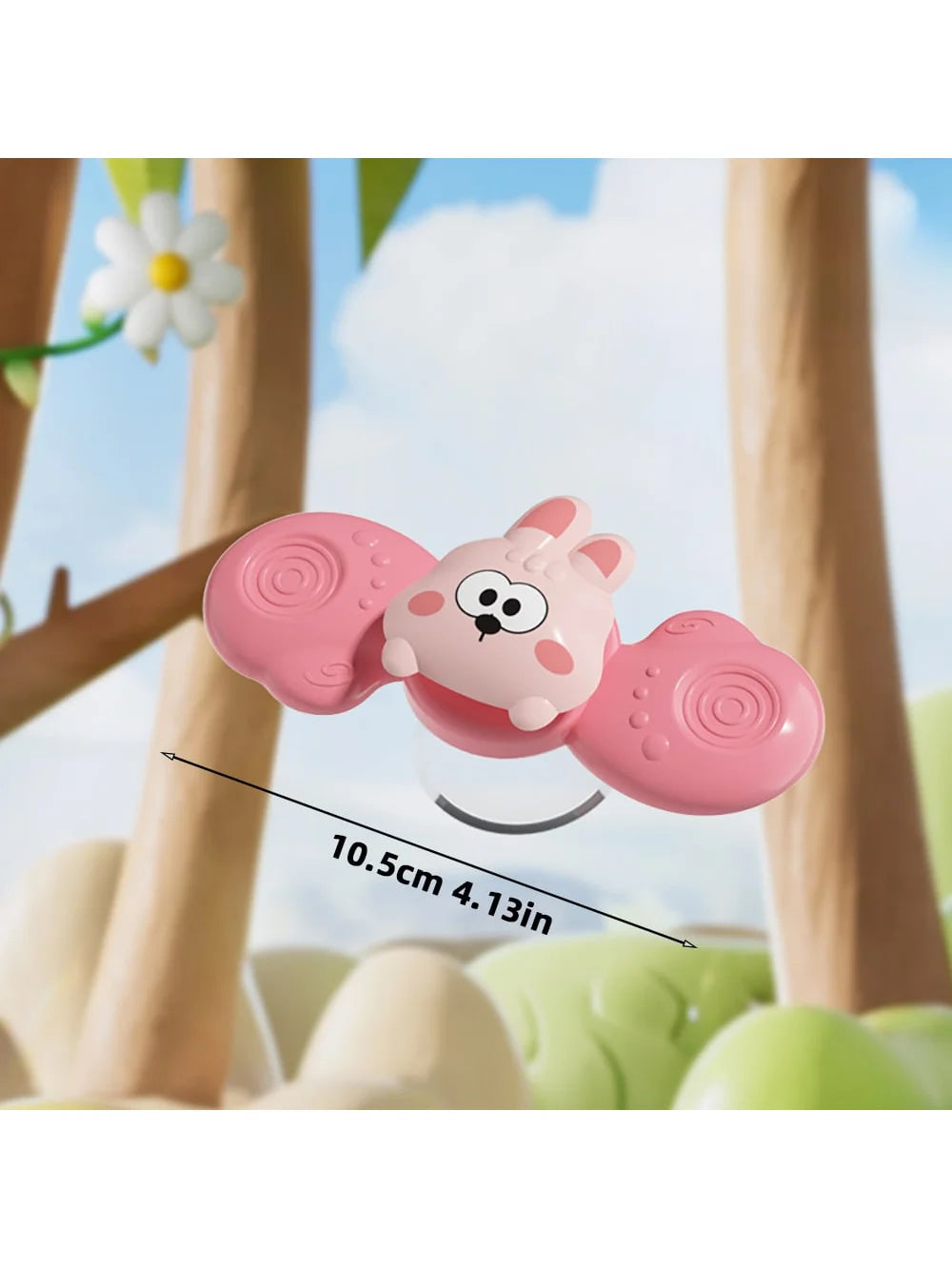 A pink, round animal toy is shown hanging from a wooden structure against a bright sky background.
