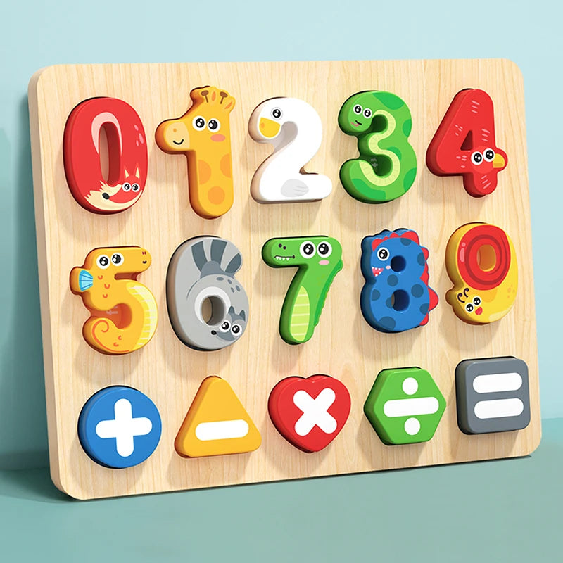 A wooden puzzle featuring colorful numbers and mathematical symbols for Montessori learning.