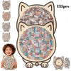 A cat-shaped wooden jigsaw puzzle with 135 pieces featuring various colorful characters and animals.