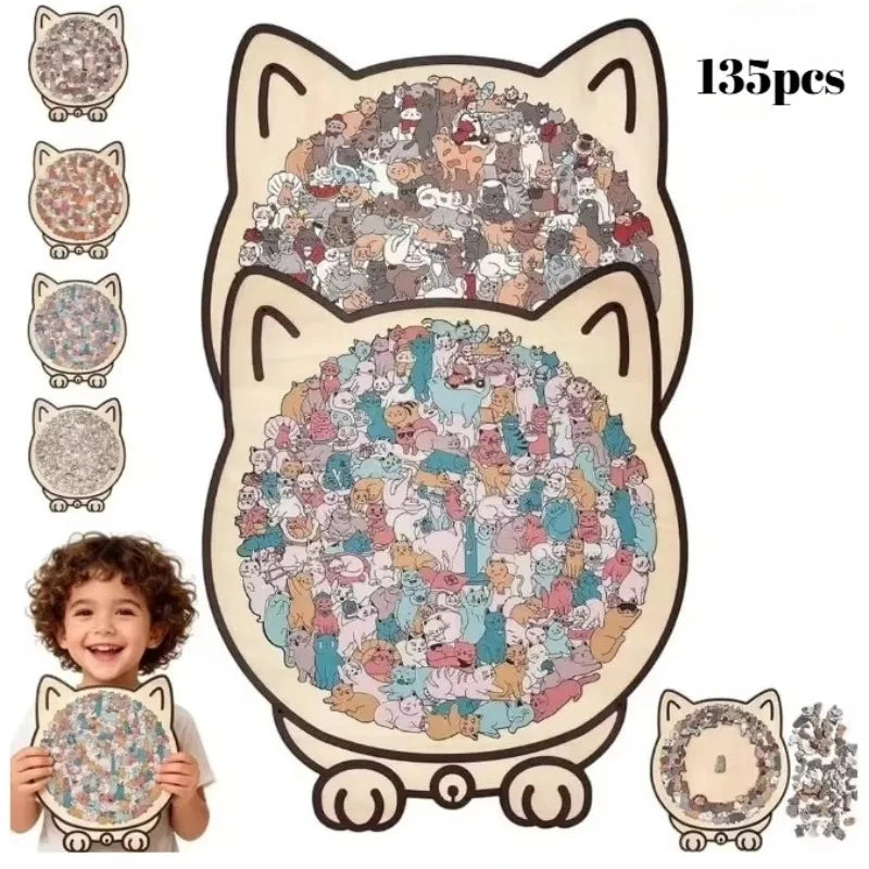 A cat-shaped wooden jigsaw puzzle with 135 pieces featuring various colorful characters and animals.