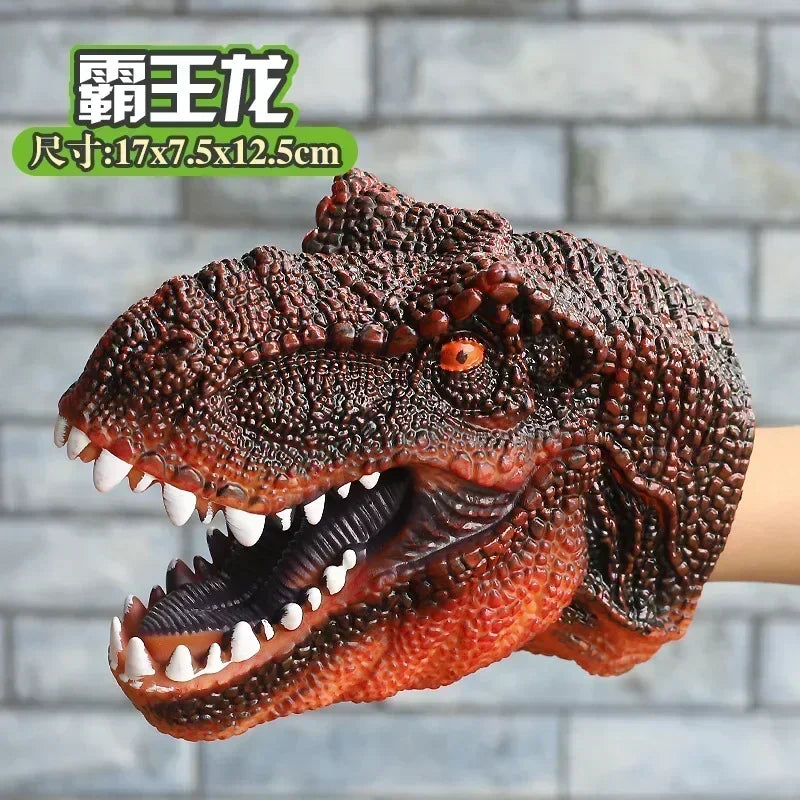 A realistic brown T-Rex dinosaur hand puppet with sharp teeth and textured skin.
