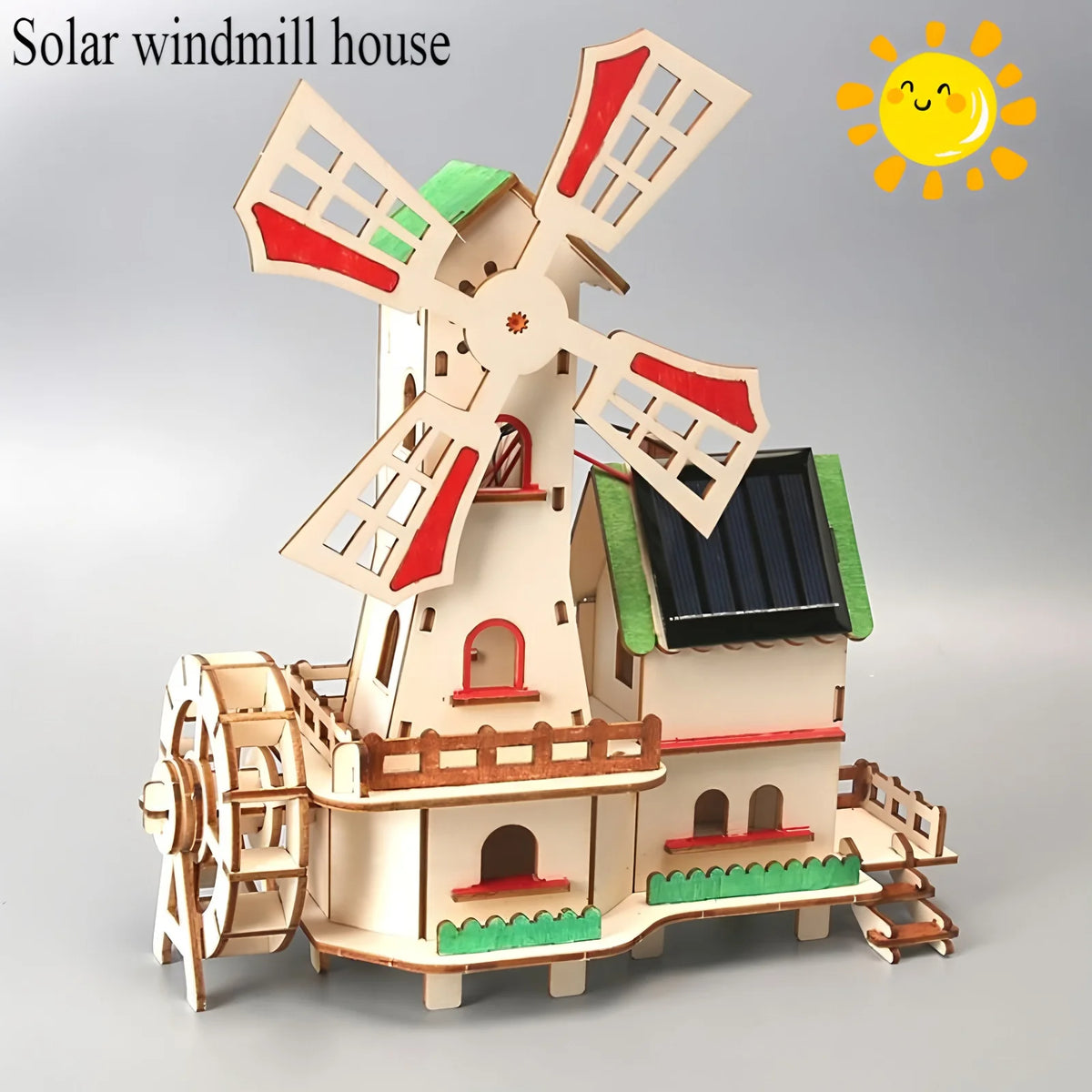 A wooden model kit of a windmill house designed to look like a solar-powered lunar rover.