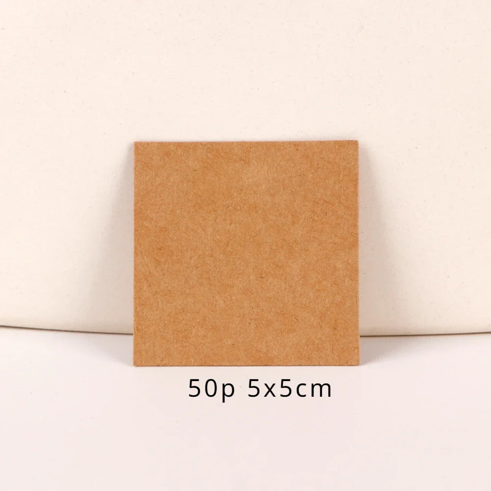 A square brown kraft card is shown on a white background, labeled 50p 5x5cm.
