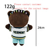 A brown plush doll dressed in a Vermont shirt and light blue pants.