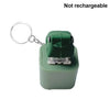 A green LED frog croaking keychain fidget toy attached to a metal ring.