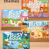 Four themed busy book sticker activity sets for toddlers featuring different levels and age recommendations
