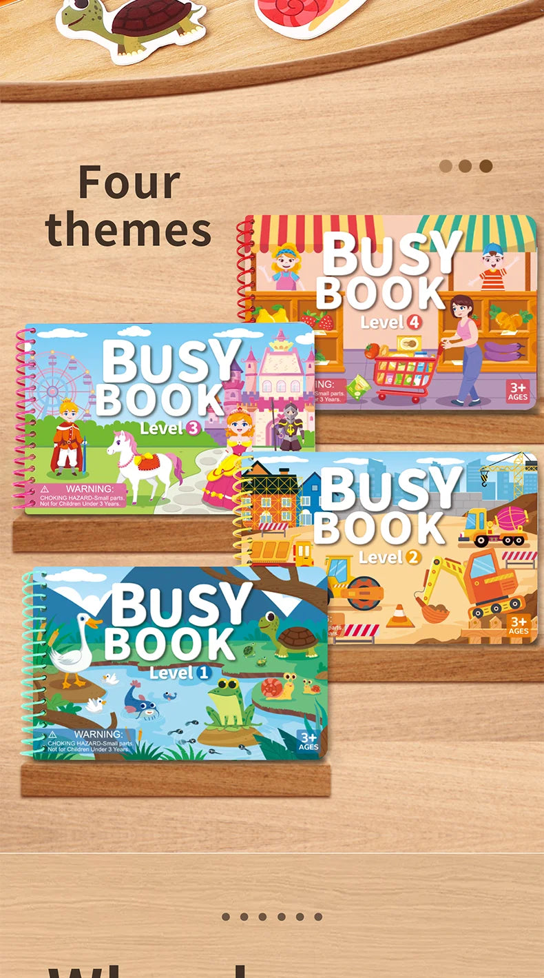 Four themed busy book sticker activity sets for toddlers featuring different levels and age recommendations