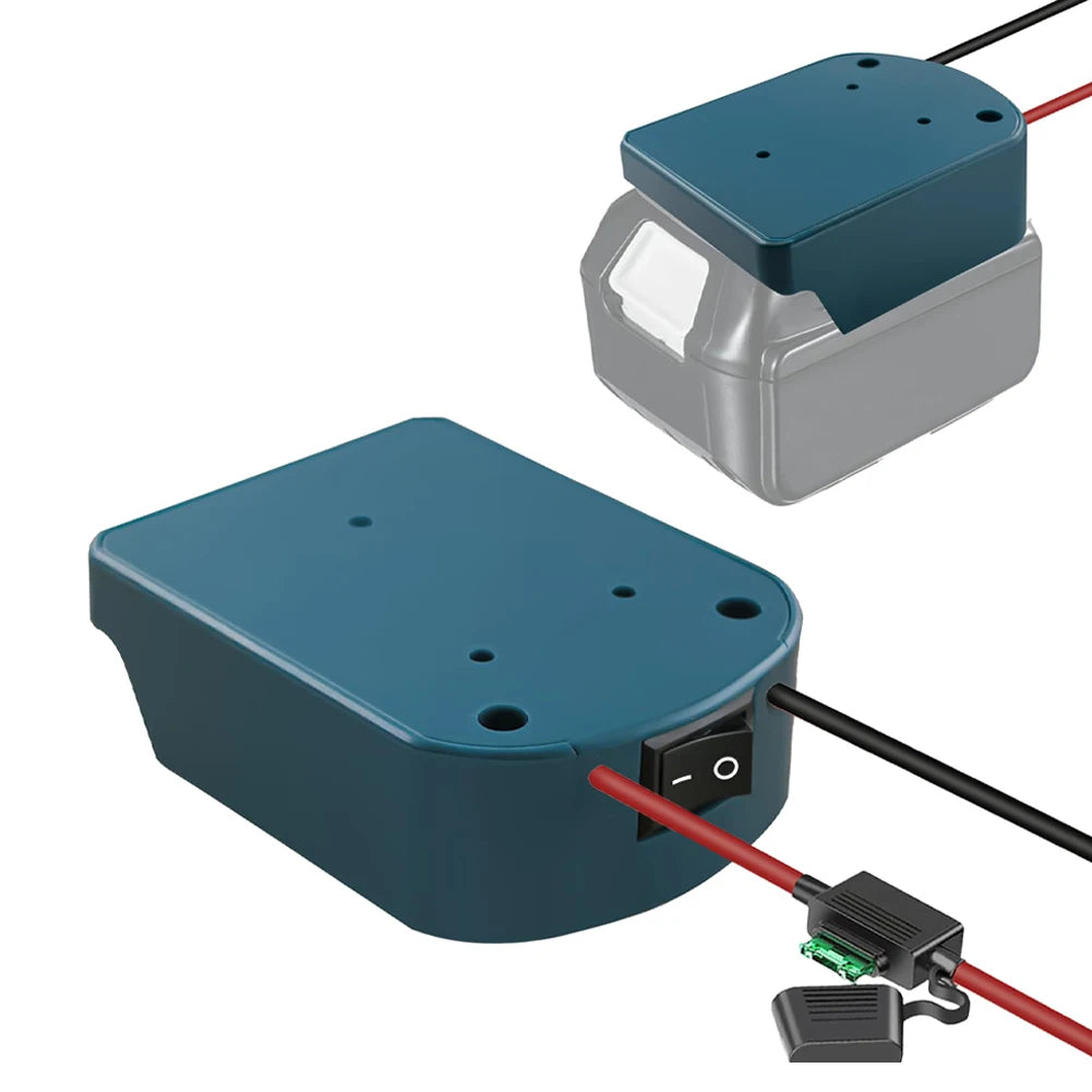 A blue Makita battery adapter with a switch and fuse connected by wires.
