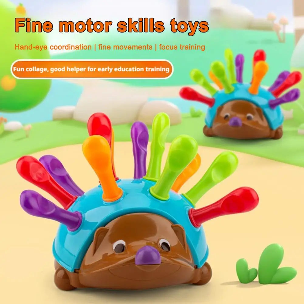 A colorful hedgehog fine motor skills toy with multiple fingers and toes for hand-eye coordination training.