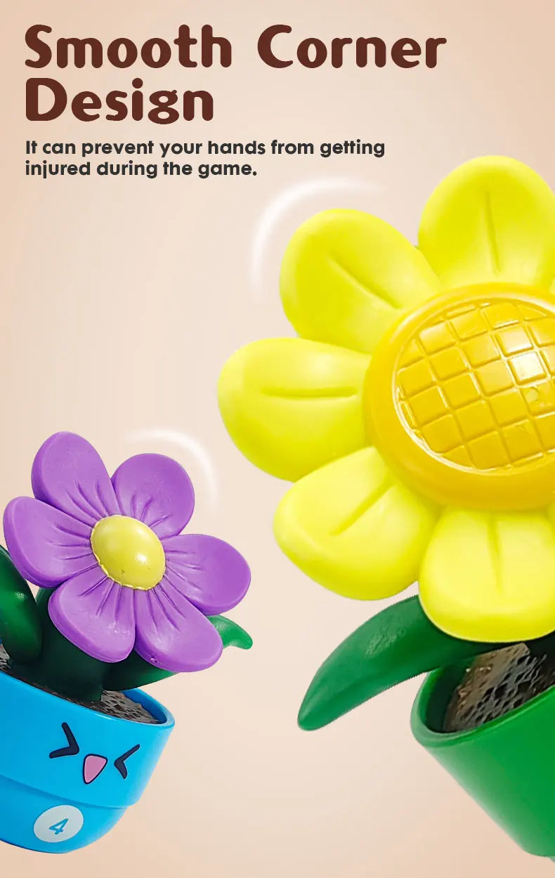 A close-up of a smooth corner design flower toy in purple and yellow colors.