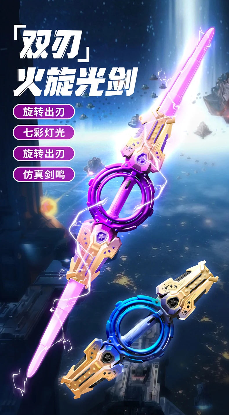 A pink and purple retractable glowing double-blade light sword with fire effects is displayed against a dark, atmospheric bac