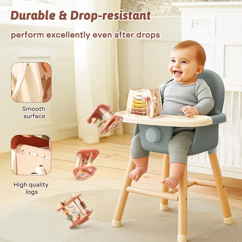 A baby is playing with a wooden mushroom castle stacking toy puzzle on a light-colored stool.