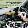 A universal vent clip is shown being used to fit a car vent, demonstrating its adhesive and hook features.