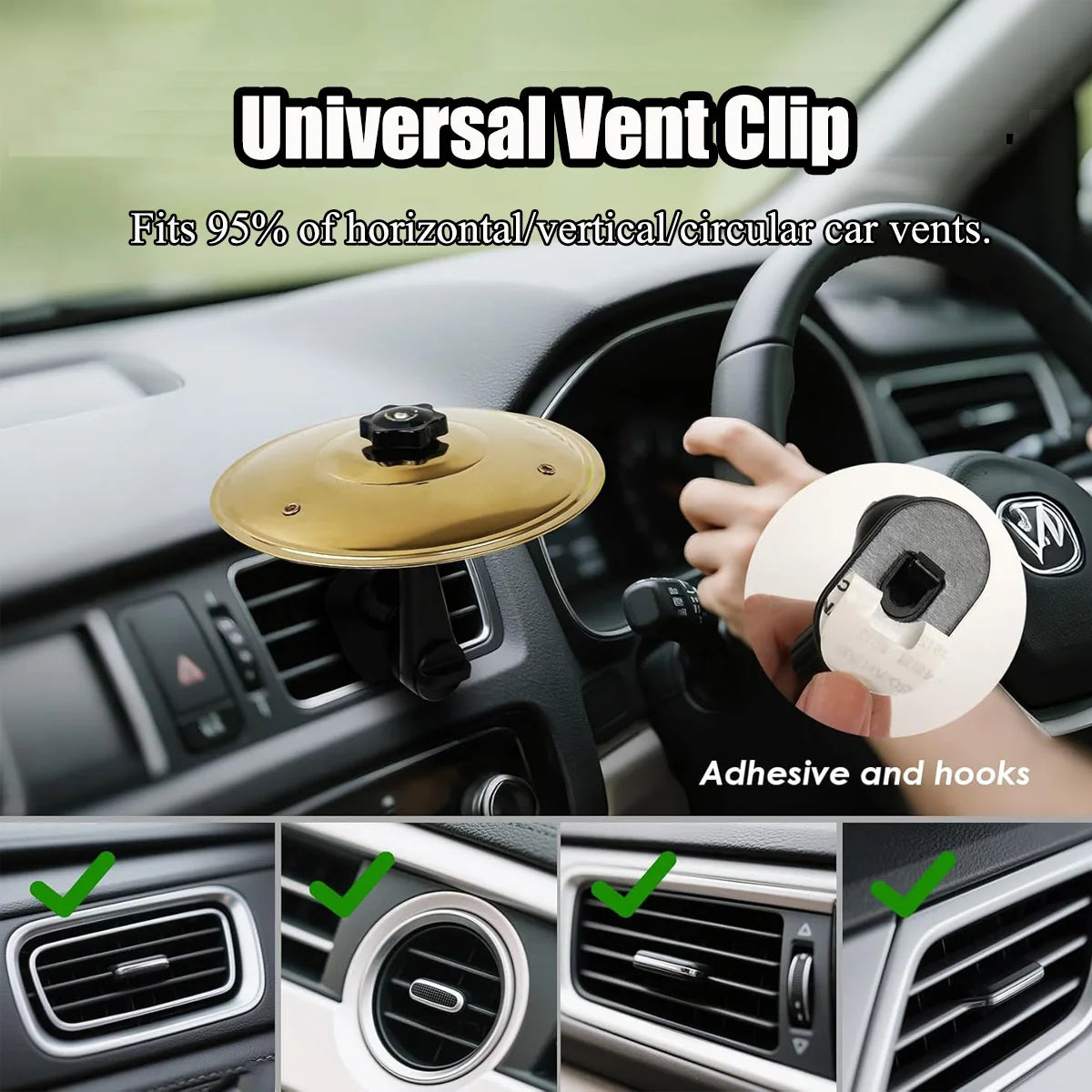 A universal vent clip is shown being used to fit a car vent, demonstrating its adhesive and hook features.