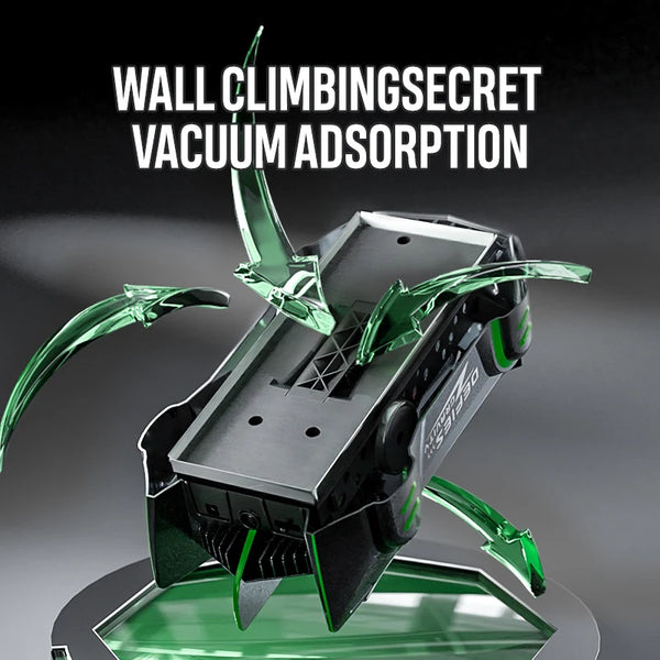 A black remote control car designed for wall climbing using a secret vacuum adsorption method.