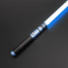 A blue lightsaber toy with a metal handle and glowing blade is shown against a dark background.