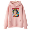 A pink hoodie featuring a colorful portrait design on the chest.