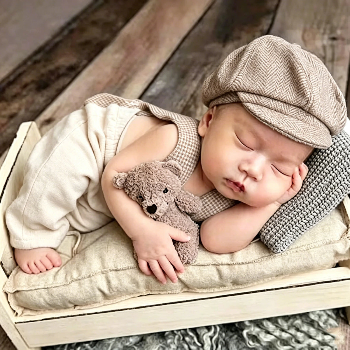 A newborn baby is sleeping wearing a beige knit romper and a matching newsboy cap, resting on a light-colored fabric.