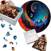A collection of wooden 3D animal puzzles and a large colorful cosmic art print.
