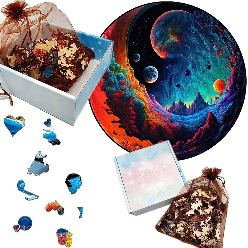 A collection of wooden 3D animal puzzles and a large colorful cosmic art print.