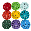 A set of nine colorful math fidget spinners showing multiplication practice for kids.