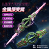 A pink and green lightsaber with a glowing blade and fire effects, shown against a dark background.