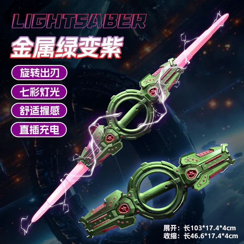 A pink and green lightsaber with a glowing blade and fire effects, shown against a dark background.