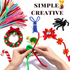 Hands are crafting with colorful chenille stem pipe cleaners, including a red wreath, blue creature, and orange spider.