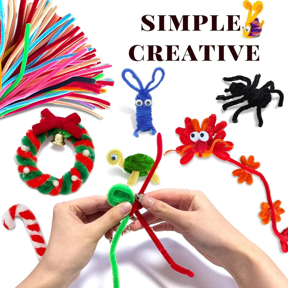 Hands are crafting with colorful chenille stem pipe cleaners, including a red wreath, blue creature, and orange spider.