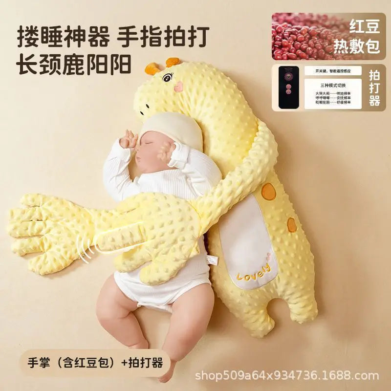 A yellow unicorn plush toy designed as a soothing pillow for babies, shown in a close-up against a light background.