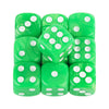 A set of ten green marble effect acrylic dice showing various dots and pips.