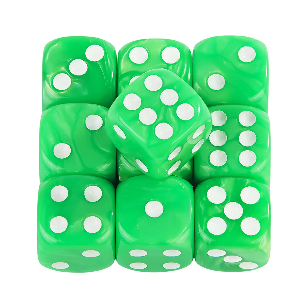 A set of ten green marble effect acrylic dice showing various dots and pips.