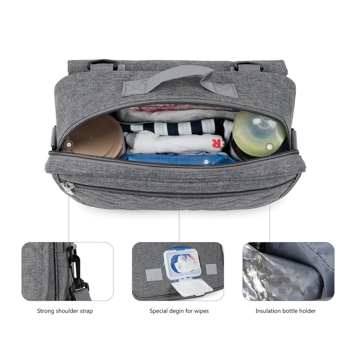 Gray portable diaper bag organizer featuring a shoulder strap and an insulation bottle holder.