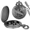 A silver steampunk dragon pocket watch dice case with a lid and seven mini dice.