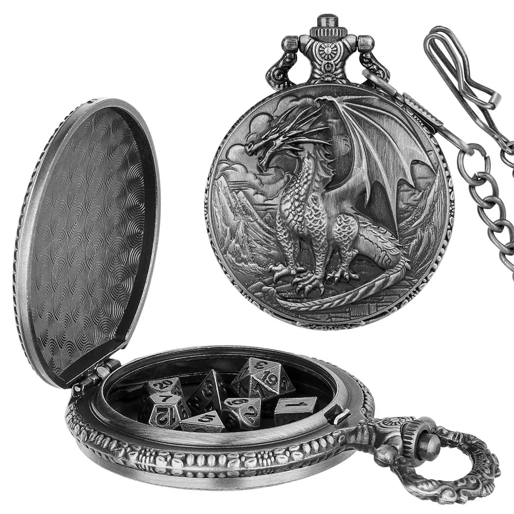 A silver steampunk dragon pocket watch dice case with a lid and seven mini dice.