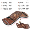 A handcrafted brown leather knife sheath with a belt loop showing various measurements and folding knives.