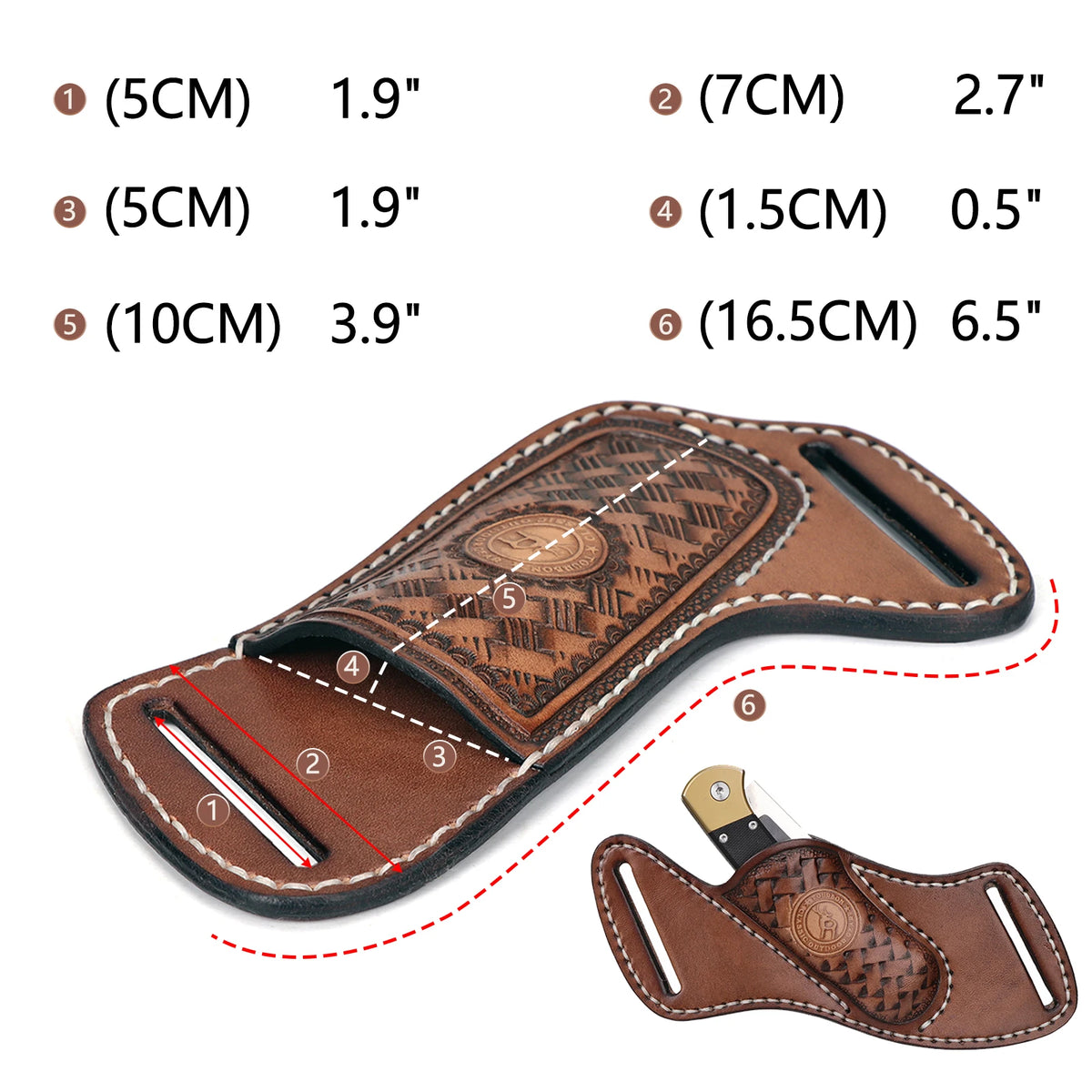 A handcrafted brown leather knife sheath with a belt loop showing various measurements and folding knives.