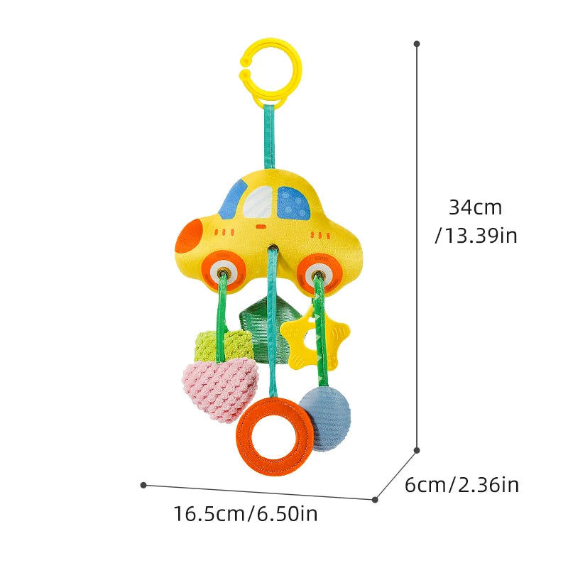 A yellow crab-themed baby rattle and teether toy with a hanging strap and various colored components.