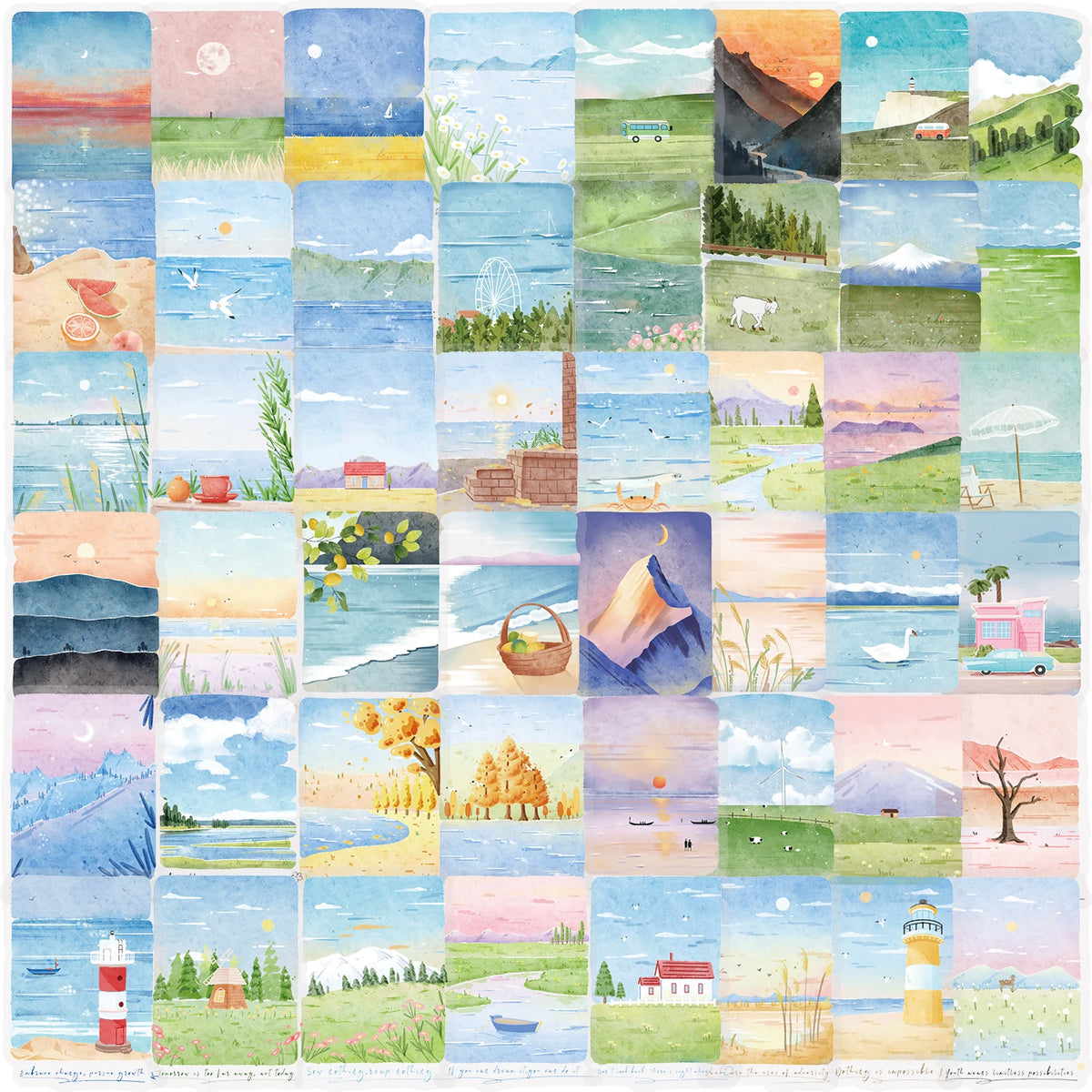A collage of watercolor stickers depicting various mountain, sea, and landscape scenes.