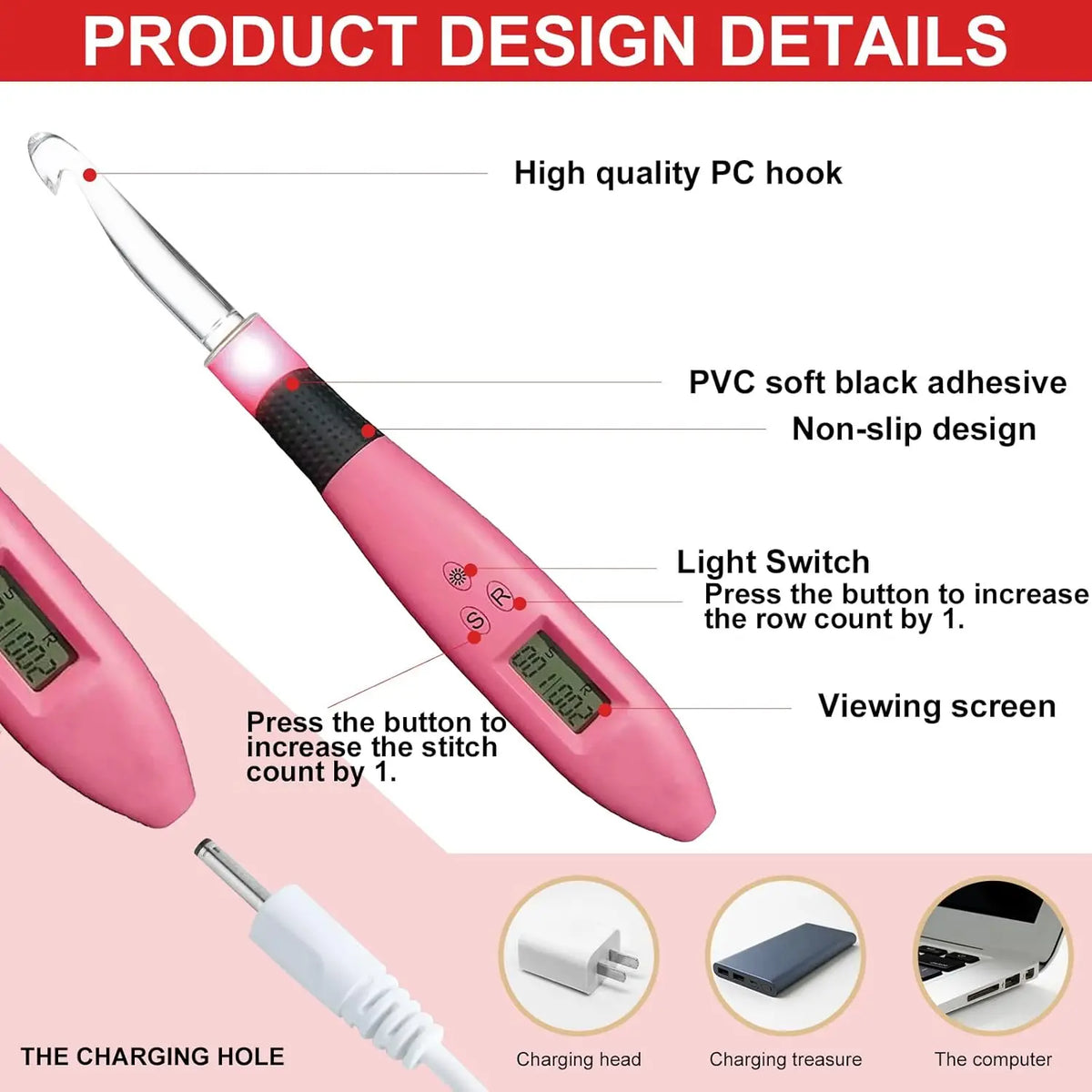 LED Lighted Crochet Hook Set with Interchangeable Heads and Built-in Stitch Counter