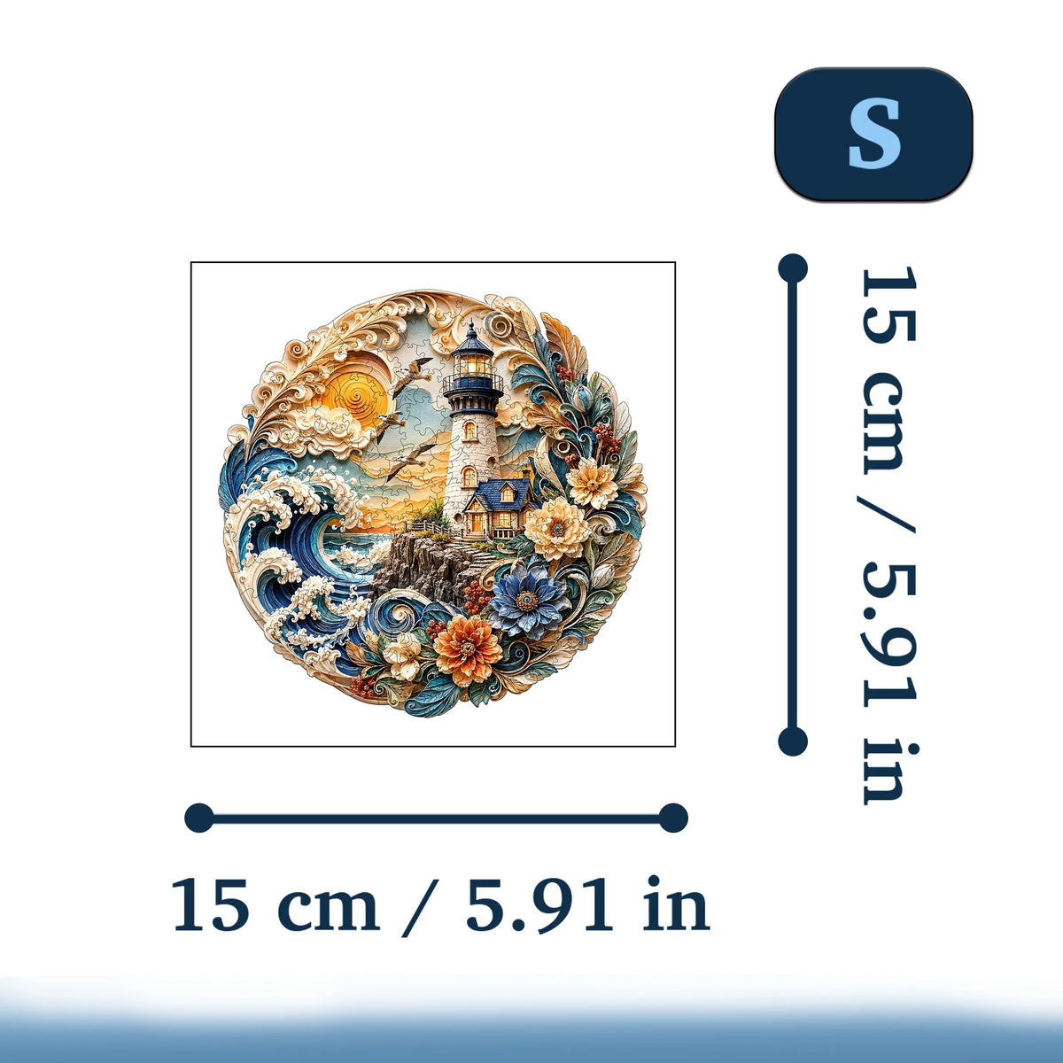 A circular jigsaw puzzle depicting a wooden forest deer with a sunset scene and ornate floral details.