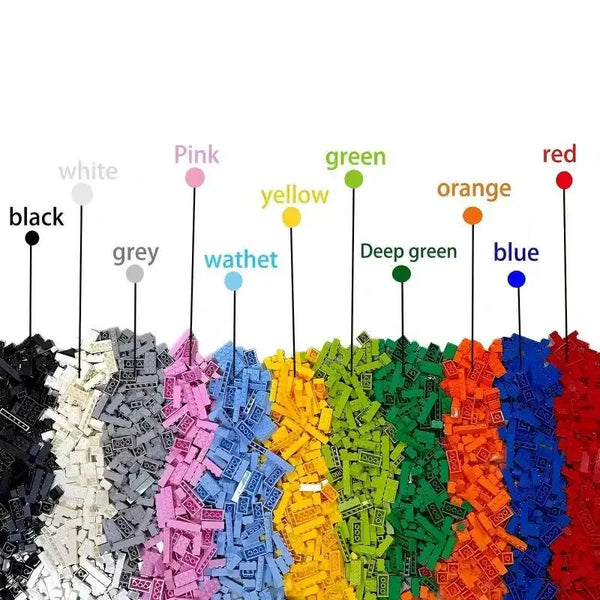 A colorful display of interlocking building blocks in various shades including pink, yellow, green, orange, and blue.