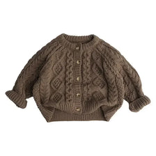 A brown knit cardigan sweater with a textured pattern and buttons, shown flat lay.