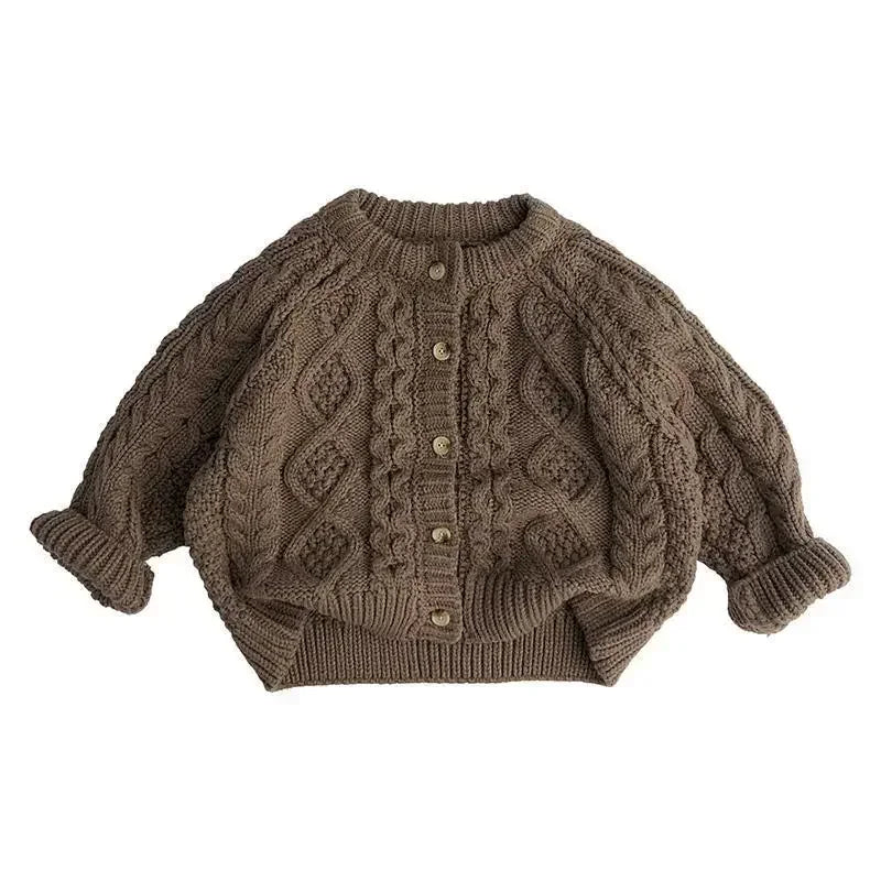A brown knit cardigan sweater with a textured pattern and buttons, shown flat lay.