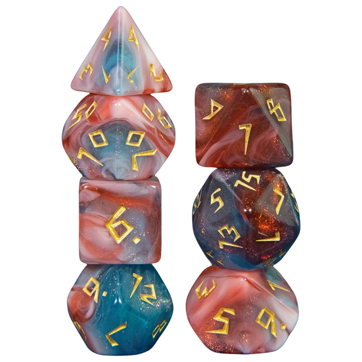 A set of seven premium glitter polyhedral dice in various colors and patterns stacked vertically.