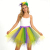 A woman models a rainbow tulle tutu skirt and feather headband set in various bright colors.