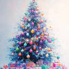 A brightly decorated Christmas tree with colorful ornaments and a pink bow, surrounded by wrapped gifts.